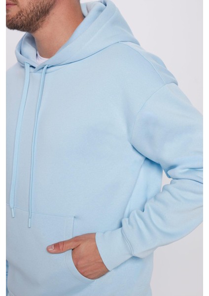 Unisex Oversize Geniş Kesim Pamuklu Yumuşak Dokulu İçi Polarlı Basic Mavi Kapüşonlu Sweatshirt fırsatları