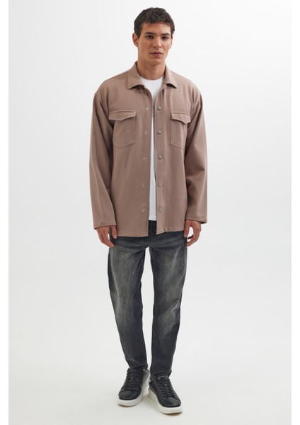 Erkek Relax Fit Rahat Kesim Çift Cepli Örme Vizon Apaş Yaka Gömlek fırsatları
