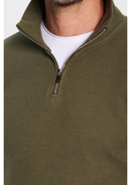 Unisex Relax Fit Rahat Kesim Fitilli Pamuklu Yarım Fermuarlı Haki Dik Yaka Sweatshirt modelleri