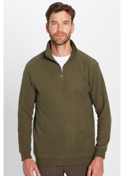 Unisex Relax Fit Rahat Kesim Fitilli Pamuklu Yarım Fermuarlı Haki Dik Yaka Sweatshirt fırsatları