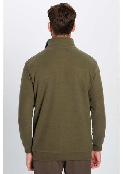 Unisex Relax Fit Rahat Kesim Fitilli Pamuklu Yarım Fermuarlı Haki Dik Yaka Sweatshirt indirimleri
