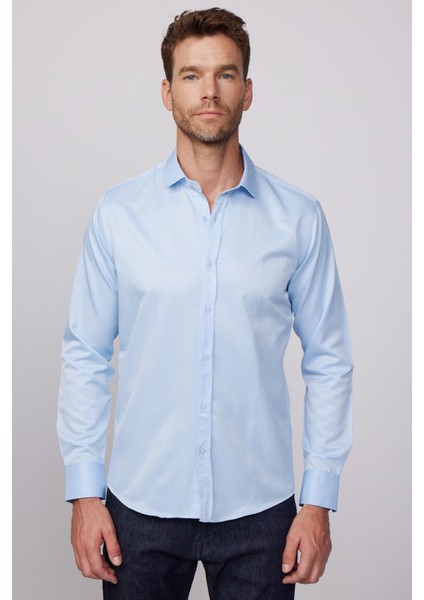 Modern Slim Fit Uzun Kollu Düz Saten Pamuklu Erkek Mavi Gömlek