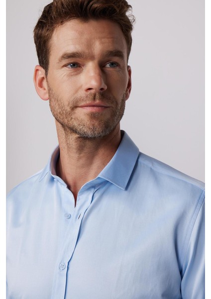 Modern Slim Fit Uzun Kollu Düz Saten Pamuklu Erkek Mavi Gömlek fiyatları