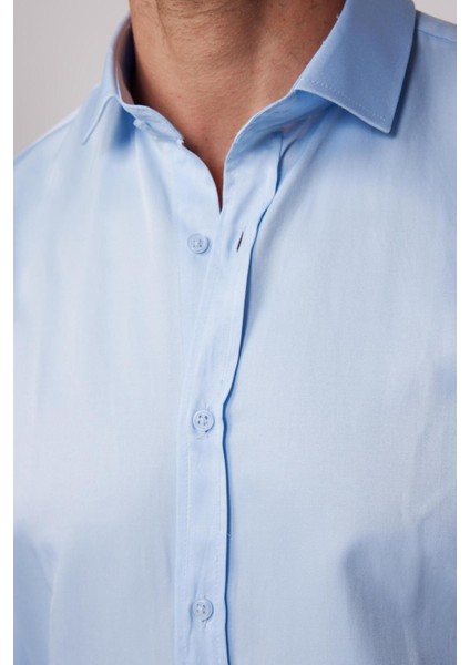 Modern Slim Fit Uzun Kollu Düz Saten Pamuklu Erkek Mavi Gömlek modelleri