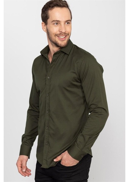 Slim Fit Uzun Kollu Likralı Düz Pamuk Saten Erkek Haki Gömlek fiyatları
