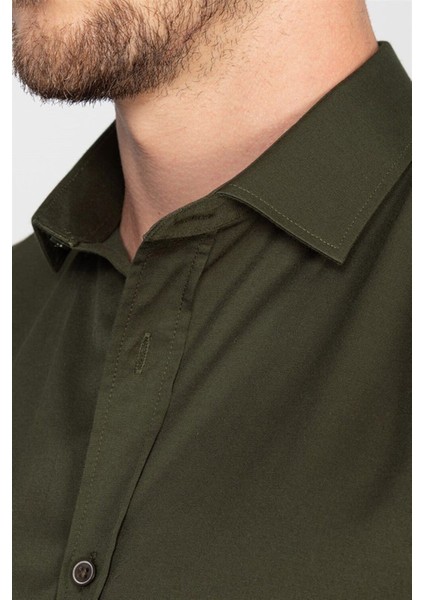 Slim Fit Uzun Kollu Likralı Düz Pamuk Saten Erkek Haki Gömlek modelleri