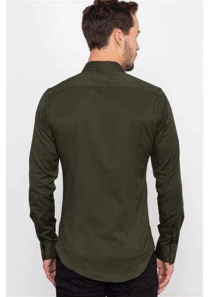 Slim Fit Uzun Kollu Likralı Düz Pamuk Saten Erkek Haki Gömlek fırsatları