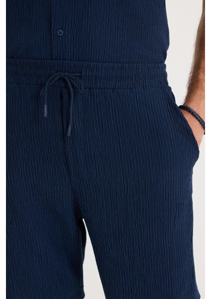 Erkek Slim Fit Dar Kesim Apaş Yaka Beli Bağcıklı İndigo Gömlek Şort Takım modelleri