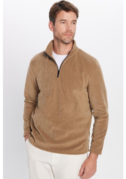 Unisex Standart Fit Anti-pilling Tüylenme Yapmayan Soğuk Geçirmez Haki Bato Yaka Polar Sweatshirt fırsatları