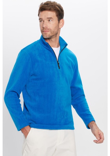 Unisex Standart Fit Anti-pilling Tüylenme Yapmayan Soğuk Geçirmez Sax Mavi Dik Yaka Polar Sweatshirt