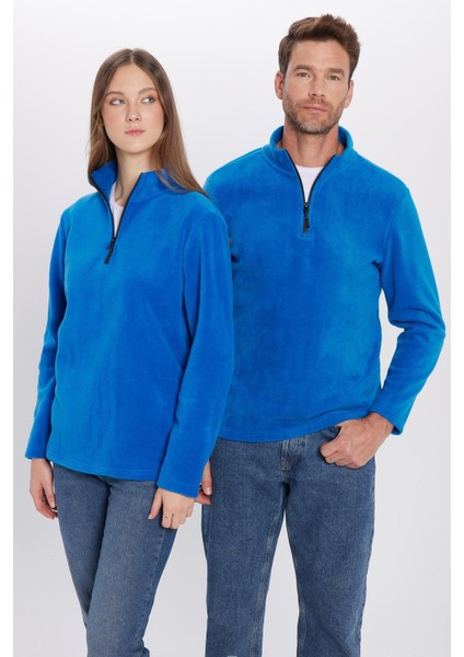 Unisex Standart Fit Anti-pilling Tüylenme Yapmayan Soğuk Geçirmez Sax Mavi Dik Yaka Polar Sweatshirt fiyatları