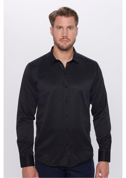 Erkek Modern Fit Dar Kesim Pamuklu Kolay Ütü Armürlü Siyah Gömlek fiyatları