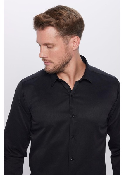 Erkek Modern Fit Dar Kesim Pamuklu Kolay Ütü Armürlü Siyah Gömlek modelleri