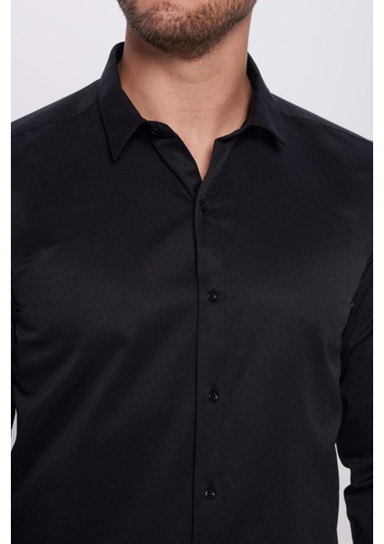 Erkek Modern Fit Dar Kesim Pamuklu Kolay Ütü Armürlü Siyah Gömlek fırsatları