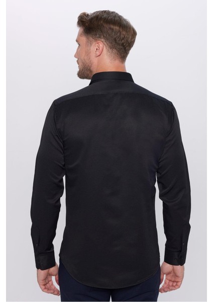 Erkek Modern Fit Dar Kesim Pamuklu Kolay Ütü Armürlü Siyah Gömlek indirimleri