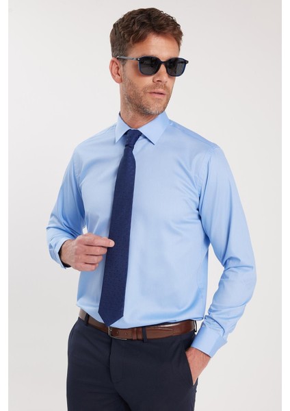 Erkek Regular Fit Açık Mavi Non-Iron Pamuklu Doğa Dostu Ekoteks Belgeli Ütü Gerektirmez Gömlek indirimleri