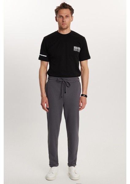 Erkek Slim Fit Pamuklu Beli Bağlamalı Yan Cepli Katlamalı Paça Jogger Antrasit Pantolon modelleri