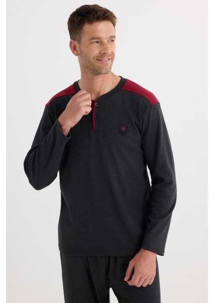 Erkek Regular Fit Pamuklu Düğmeli Yaka Beli Lastikli Desenli Antrasit Pijama Takımı fiyatları