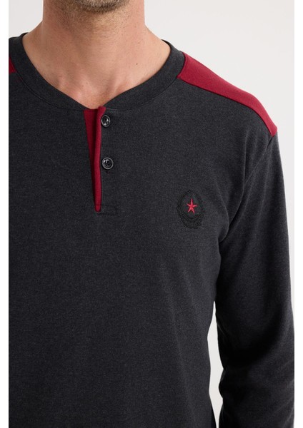 Erkek Regular Fit Pamuklu Düğmeli Yaka Beli Lastikli Desenli Antrasit Pijama Takımı modelleri