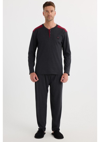 Erkek Regular Fit Pamuklu Düğmeli Yaka Beli Lastikli Desenli Antrasit Pijama Takımı fırsatları