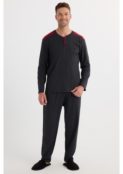 Erkek Regular Fit Pamuklu Düğmeli Yaka Beli Lastikli Desenli Antrasit Pijama Takımı indirimleri