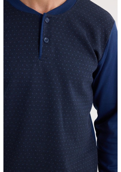 Erkek Regular Fit Pamuklu Düğmeli Yaka Beli Lastikli Desenli İndigo Pijama Takımı modelleri