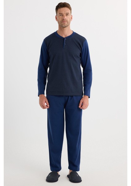Erkek Regular Fit Pamuklu Düğmeli Yaka Beli Lastikli Desenli İndigo Pijama Takımı fırsatları