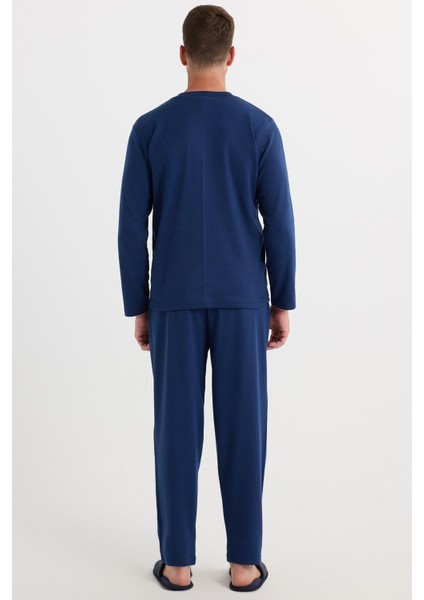 Erkek Regular Fit Pamuklu Düğmeli Yaka Beli Lastikli Desenli İndigo Pijama Takımı indirimleri