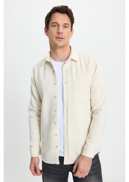 Erkek Regular Fit Klasik Kesim Düz Cepli Ekru Oduncu Gömlek fiyatları