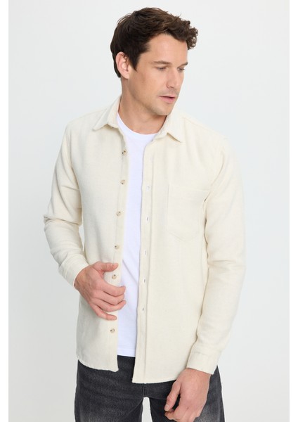 Erkek Regular Fit Klasik Kesim Düz Cepli Ekru Oduncu Gömlek indirimleri