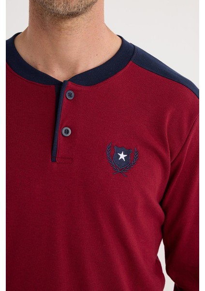 Erkek Regular Fit Pamuklu Düğmeli Yaka Beli Lastikli Desenli Bordo Pijama Takımı modelleri