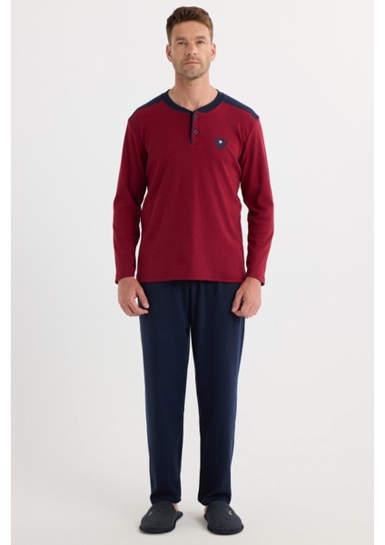 Erkek Regular Fit Pamuklu Düğmeli Yaka Beli Lastikli Desenli Bordo Pijama Takımı fırsatları