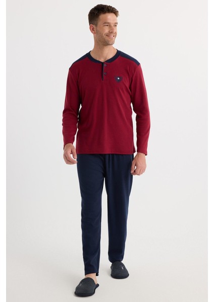 Erkek Regular Fit Pamuklu Düğmeli Yaka Beli Lastikli Desenli Bordo Pijama Takımı indirimleri