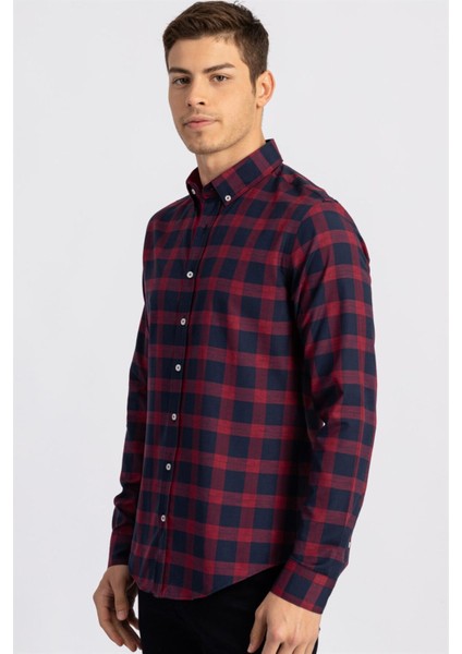 Slim Fit Uzun Kollu Düğmeli Yaka Kareli Pamuklu Kolay Ütü Erkek Gömlek
