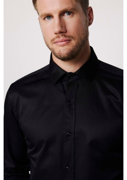 Erkek Modern Slim Fit Düz Saten Pamuklu Siyah Gömlek modelleri