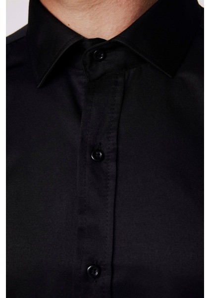 Erkek Modern Slim Fit Düz Saten Pamuklu Siyah Gömlek fırsatları