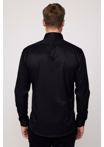 Erkek Modern Slim Fit Düz Saten Pamuklu Siyah Gömlek indirimleri