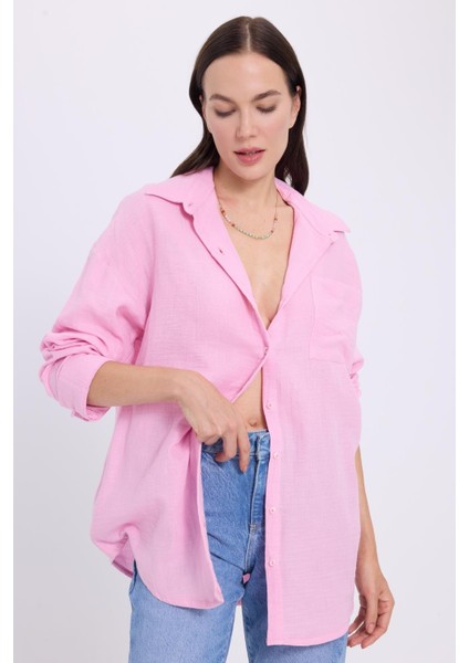 Kadın Oversize Geniş Kesim %100 Pamuk Müslin Kumaş Uzun Kollu Cepli Dokulu Lila Gömlek fiyatları