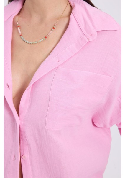 Kadın Oversize Geniş Kesim %100 Pamuk Müslin Kumaş Uzun Kollu Cepli Dokulu Lila Gömlek modelleri