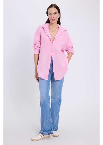 Kadın Oversize Geniş Kesim %100 Pamuk Müslin Kumaş Uzun Kollu Cepli Dokulu Lila Gömlek fırsatları