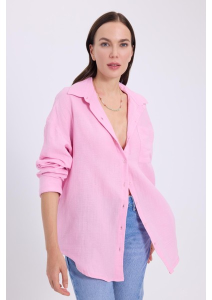 Kadın Oversize Geniş Kesim %100 Pamuk Müslin Kumaş Uzun Kollu Cepli Dokulu Lila Gömlek indirimleri