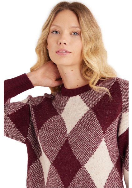 Kadın Slim Fit Dar Kesim Bisiklet Yaka Desenli Bordo Kazak fiyatları