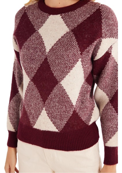 Kadın Slim Fit Dar Kesim Bisiklet Yaka Desenli Bordo Kazak modelleri