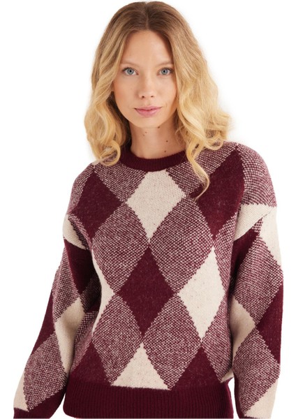 Kadın Slim Fit Dar Kesim Bisiklet Yaka Desenli Bordo Kazak fırsatları