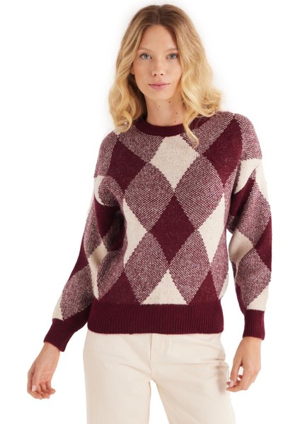 Kadın Slim Fit Dar Kesim Bisiklet Yaka Desenli Bordo Kazak indirimleri