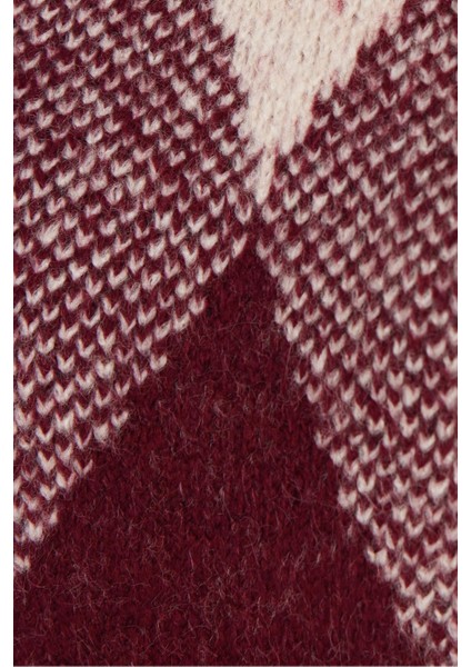 Kadın Slim Fit Dar Kesim Bisiklet Yaka Desenli Bordo Kazak