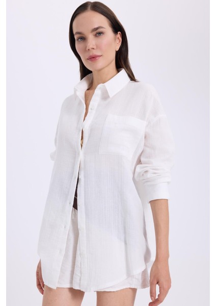 Kadın Oversize Geniş Kesim %100 Pamuk Müslin Kumaş Uzun Kollu Cepli Dokulu Beyaz Gömlek fiyatları