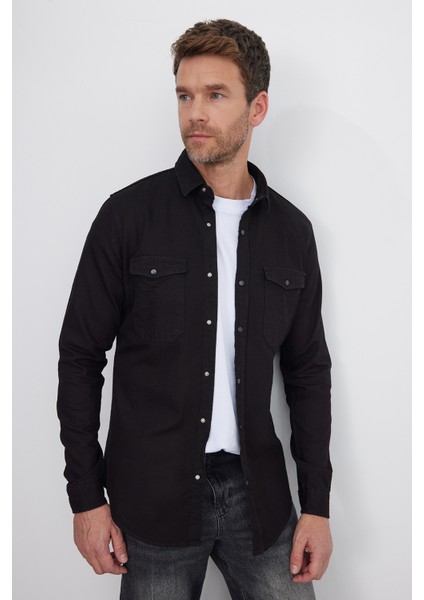 Erkek Slim Fit Dar Kesim Uzun Kollu Denim Kot Çift Cep Çıtçıtlı Siyah Gömlek fiyatları