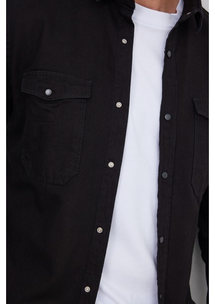 Erkek Slim Fit Dar Kesim Uzun Kollu Denim Kot Çift Cep Çıtçıtlı Siyah Gömlek modelleri