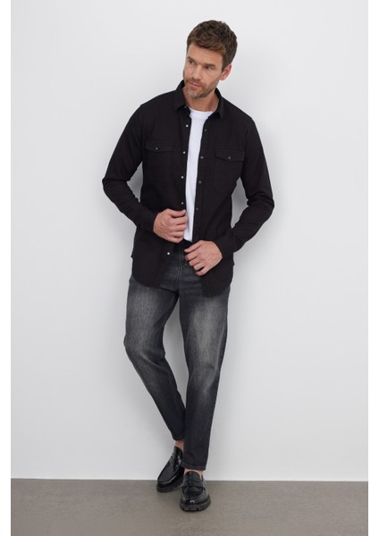 Erkek Slim Fit Dar Kesim Uzun Kollu Denim Kot Çift Cep Çıtçıtlı Siyah Gömlek fırsatları